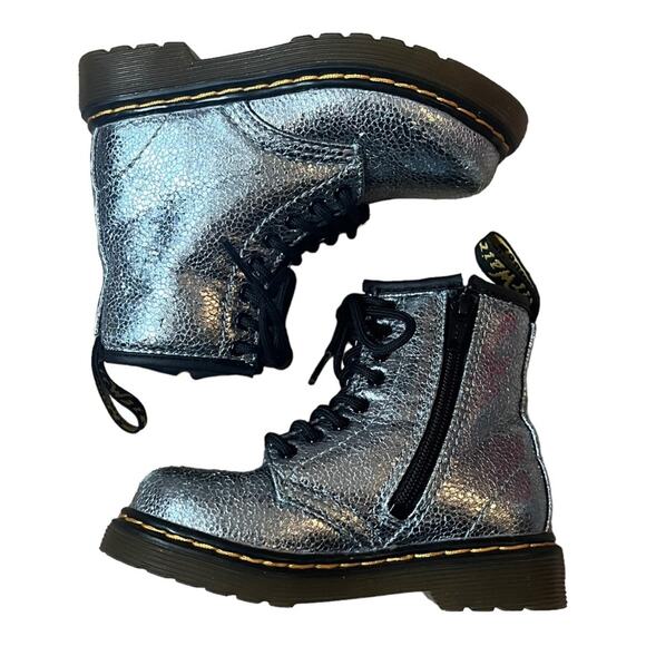 DR. MARTENS Crinkle Metallic Silver Sparkle Combat Boots 1460T Little Girls 7 - Picture 1 of 11